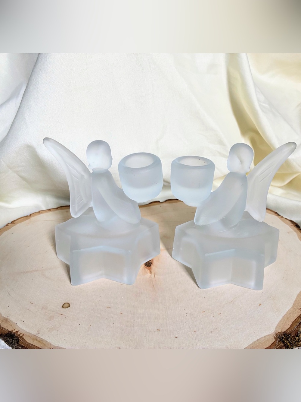Frosted Glass Angel Votive Candle Holders - Pair